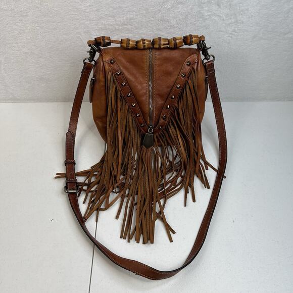 Boho Leather Crossbody Bamboo Hand Strap Featured Fringe Bohemian Tassel Brown - Picture 5 of 15
